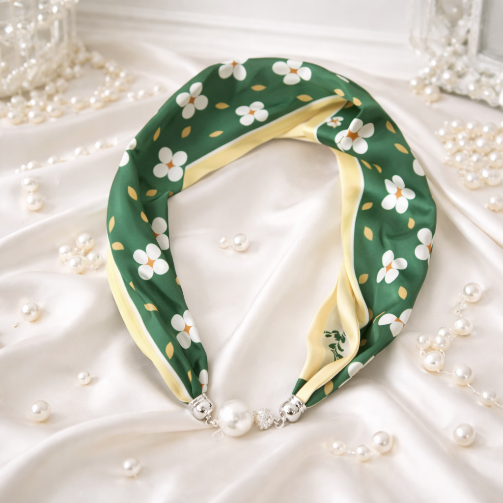 Green Scarf with Flowers and Pearl