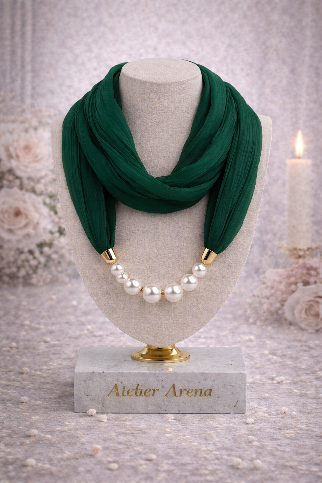Green Scarf Necklace with Pearls