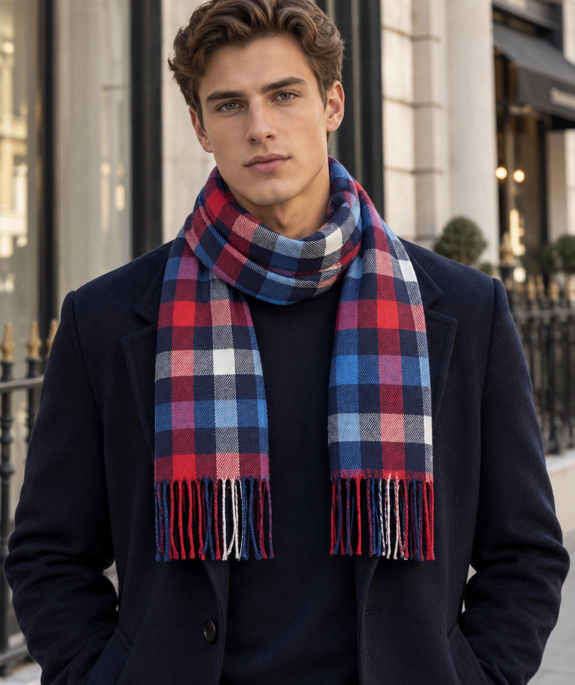 Classic Plaid Unisex Scarf – Dark Blue, Red & Blue