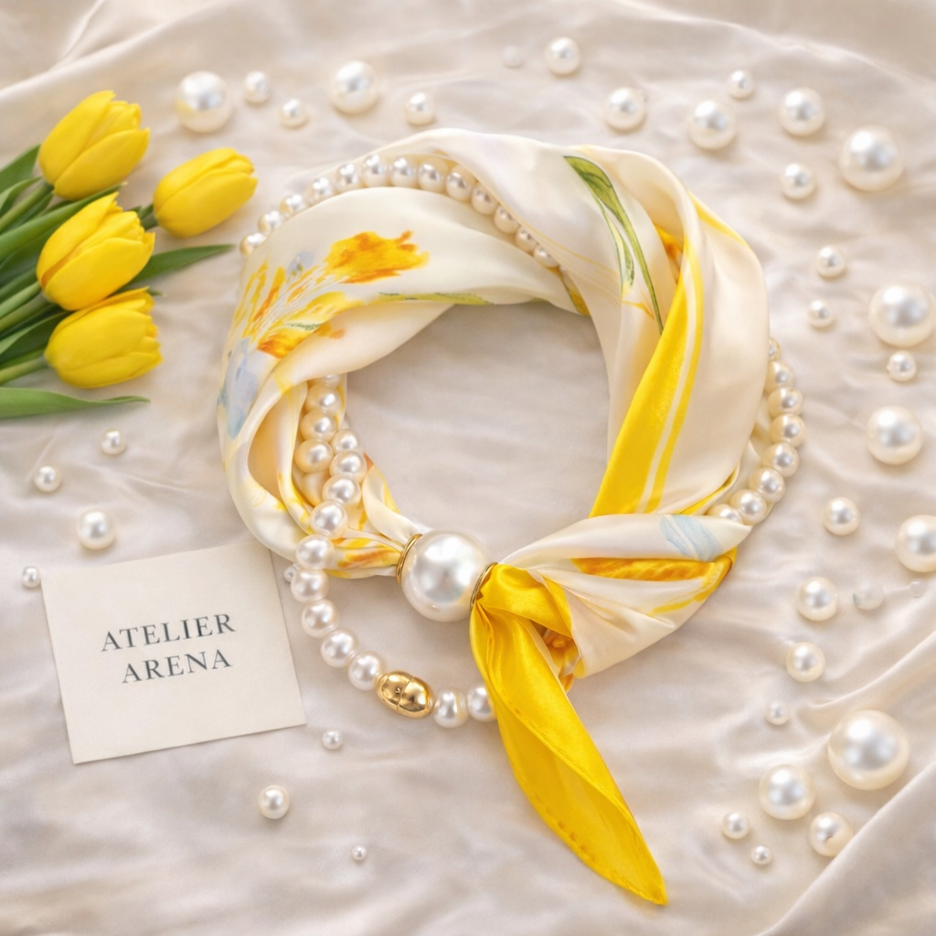 Yellow and White Scarf with Floral Motif and Pearl Necklace - Bundle