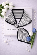 White and Black Silk Scarf with Striped Pattern and Loop