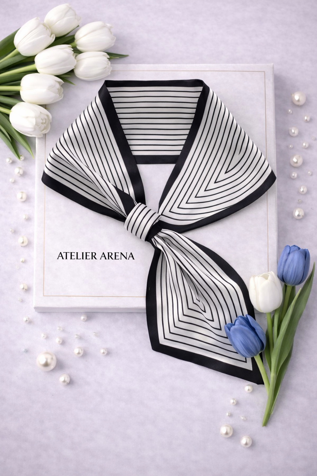 White and Black Silk Scarf with Striped Pattern and Loop