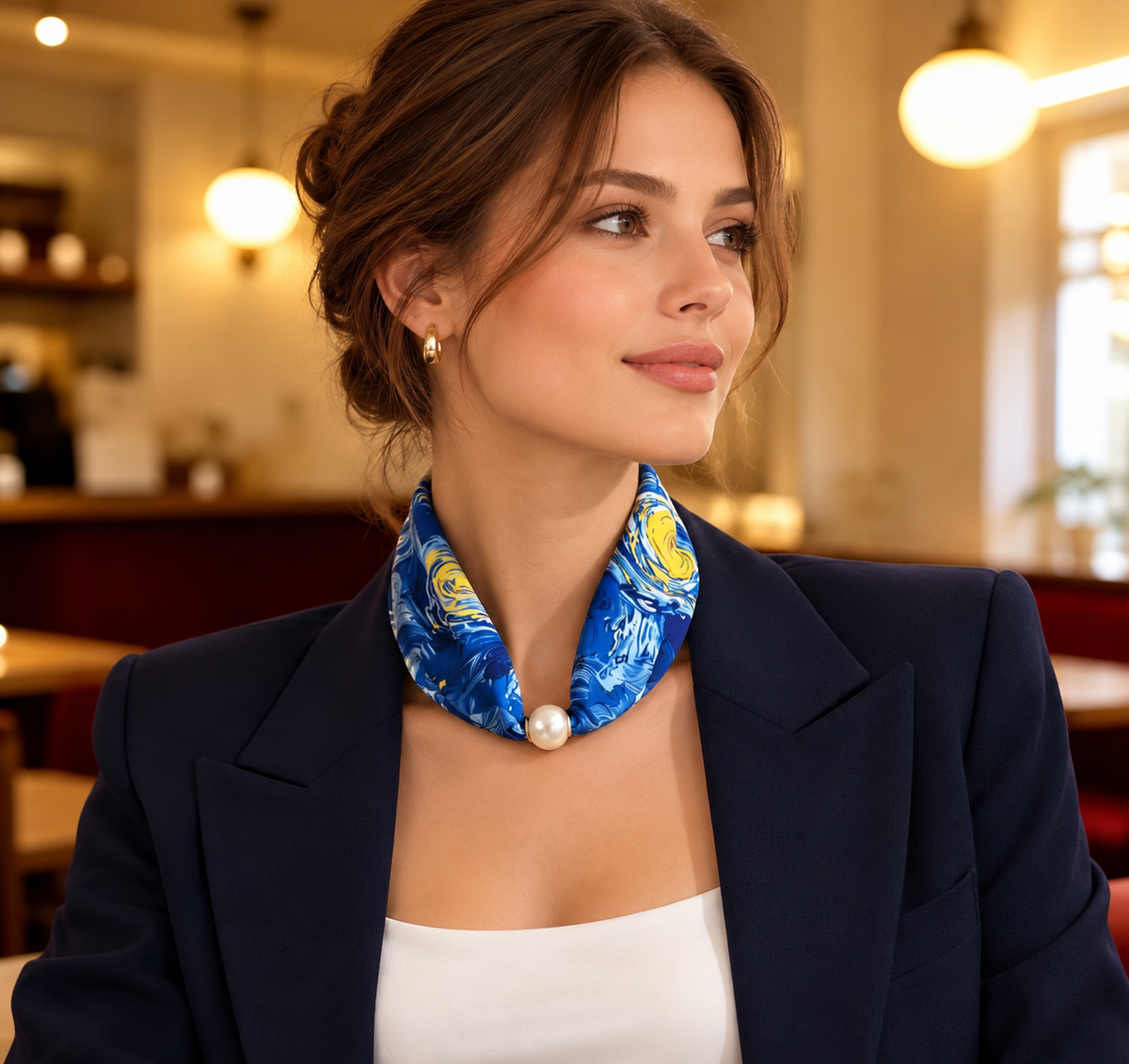 Blue Dream Satin Scarf with Pearl