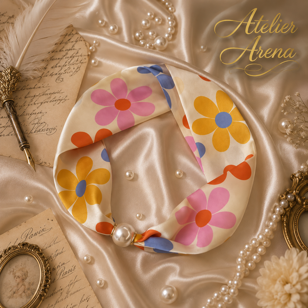 Luxury Floral Print Scarf with Magnetic Pearl Closure