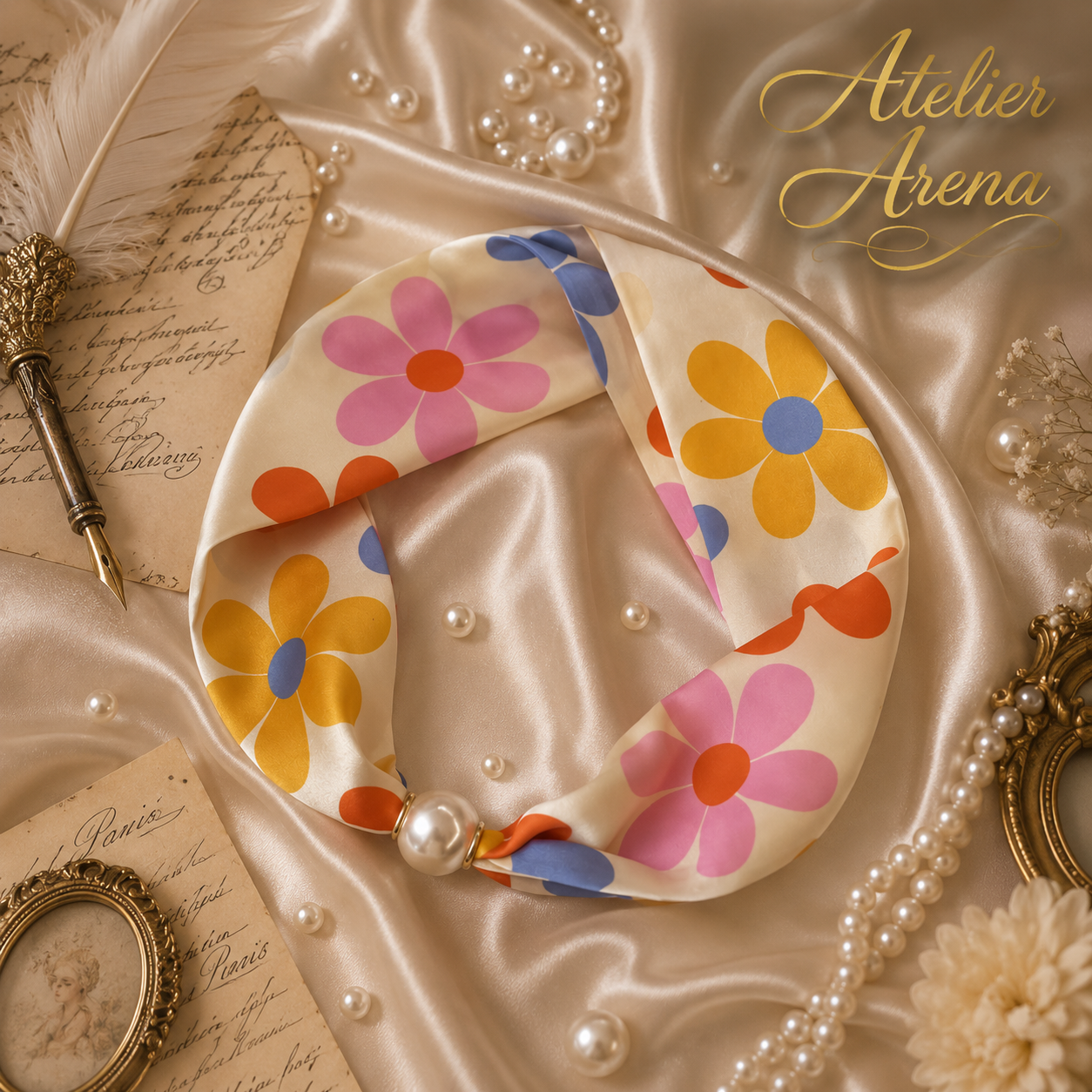 Luxury Floral Print Scarf with Magnetic Pearl Closure