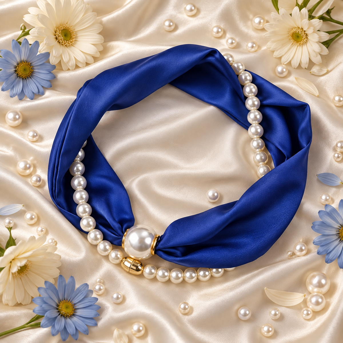 Royal Blue Scarf & Pearl Necklace Set