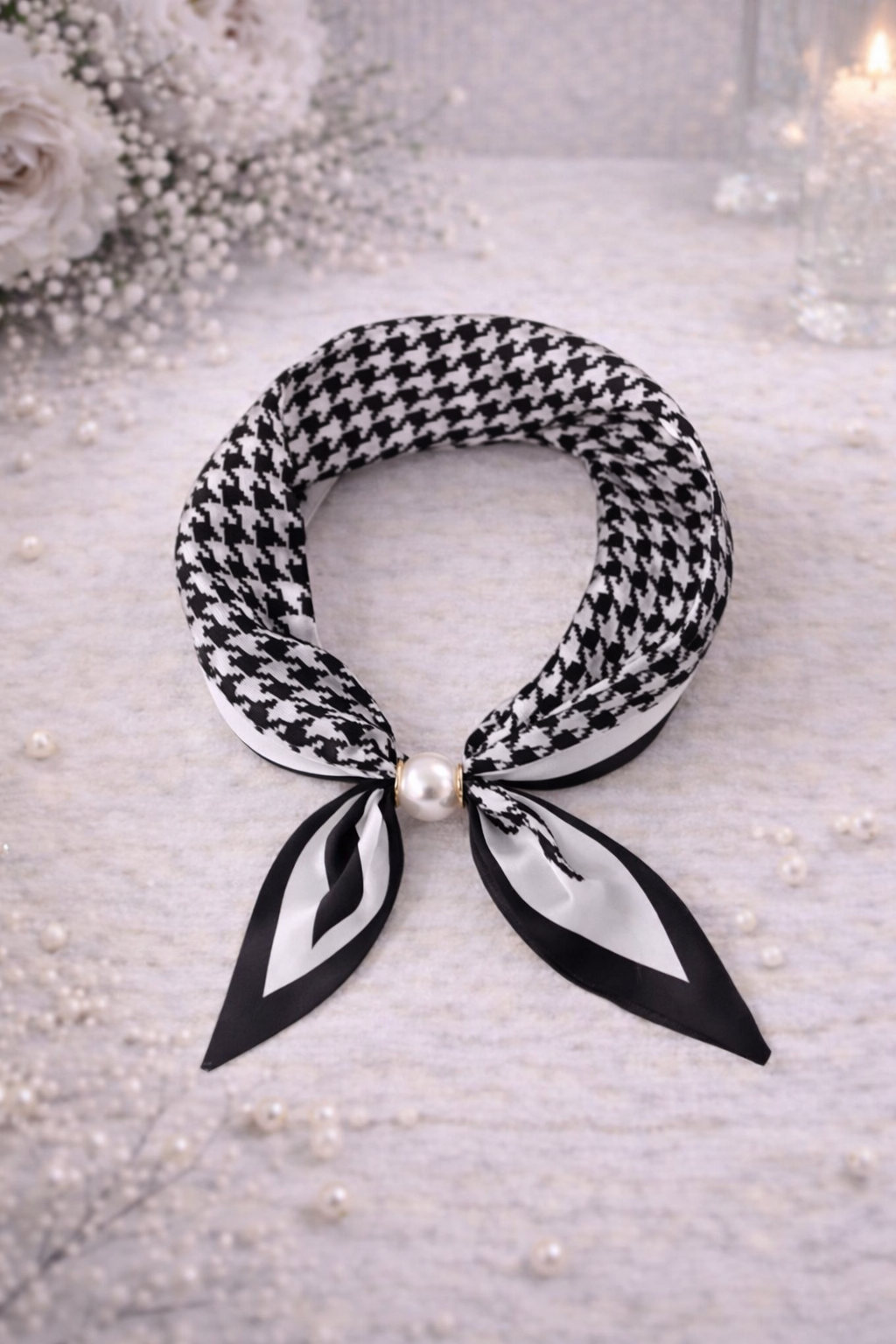 Black and White Scarf with Houndstooth and Pearl