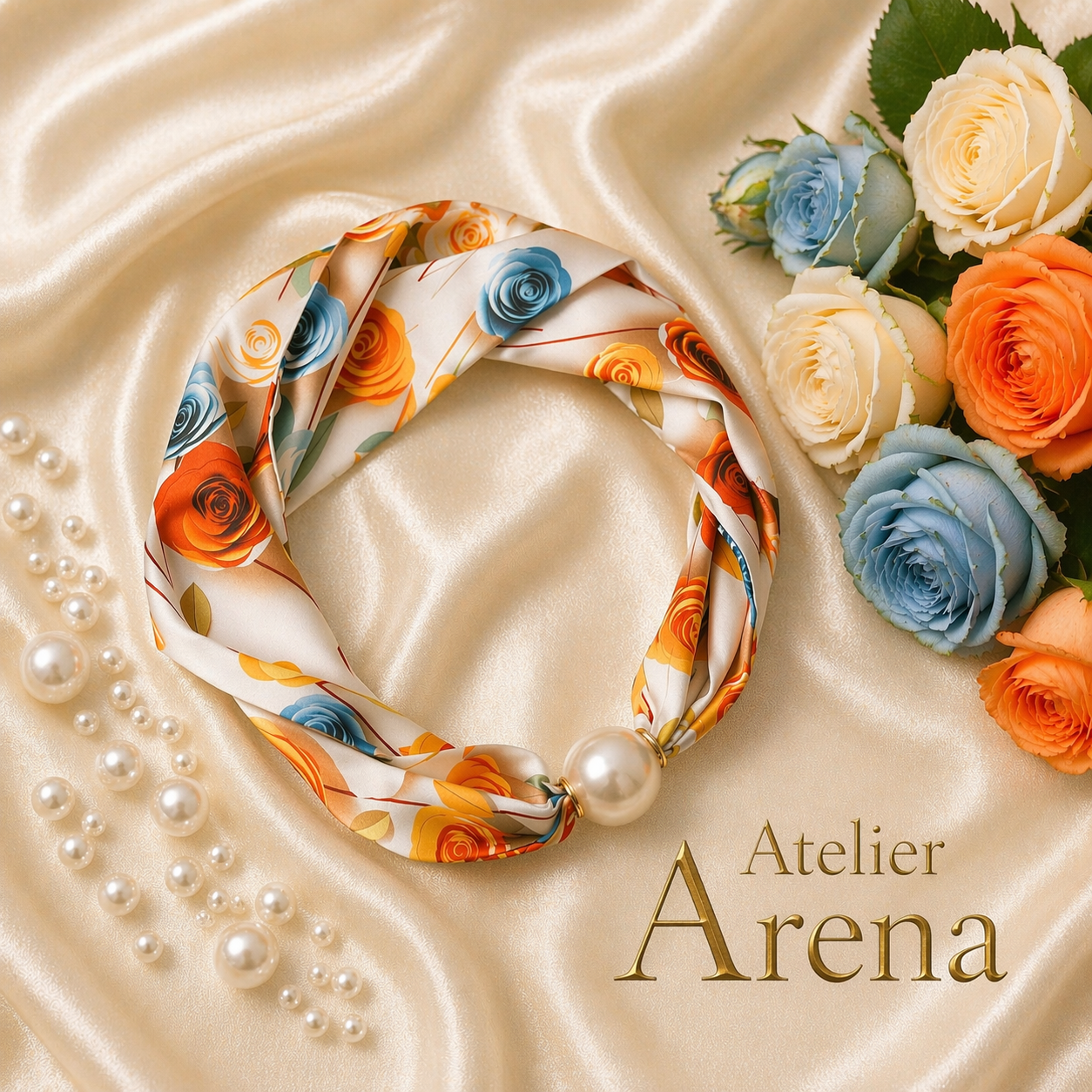 Luxury Satin Scarf with Pearl – Floral Mix