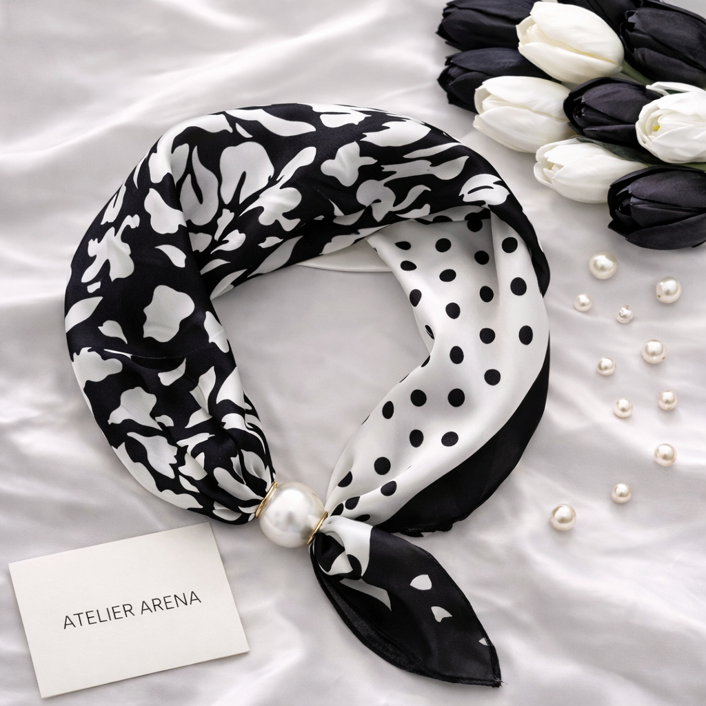 Black and White Scarf with Flowers and Dots and Pearl
