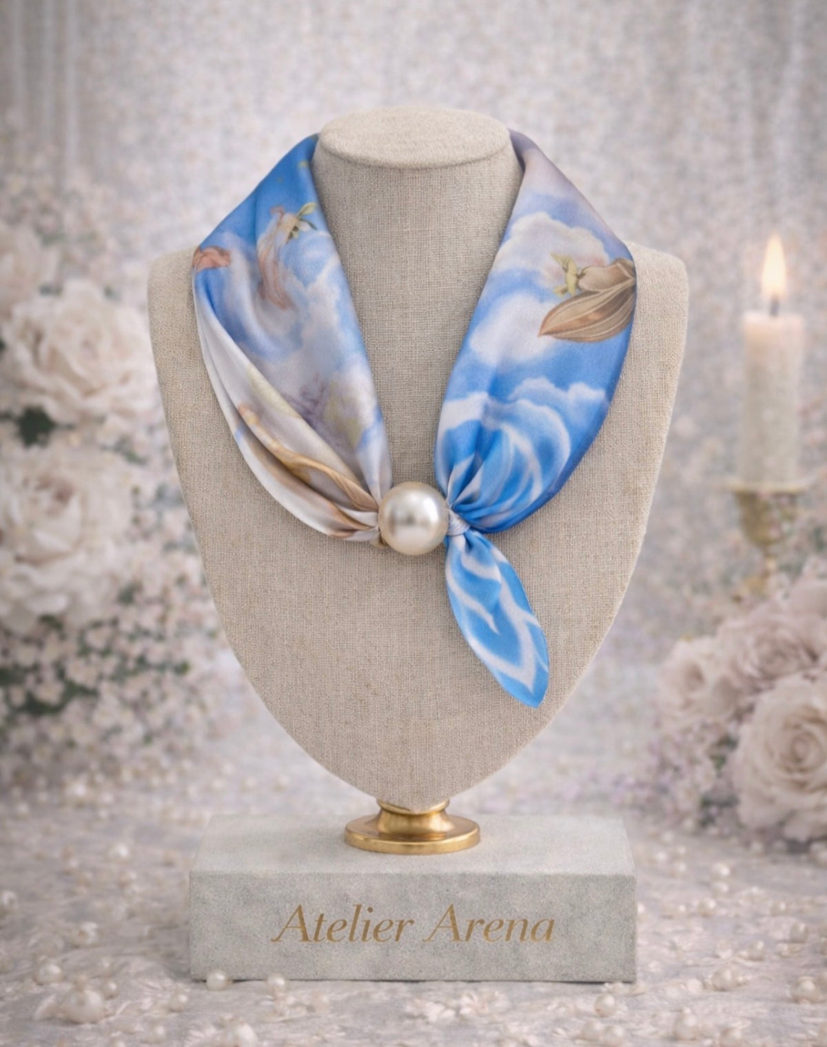 Blue & Beige Scarf with pearl