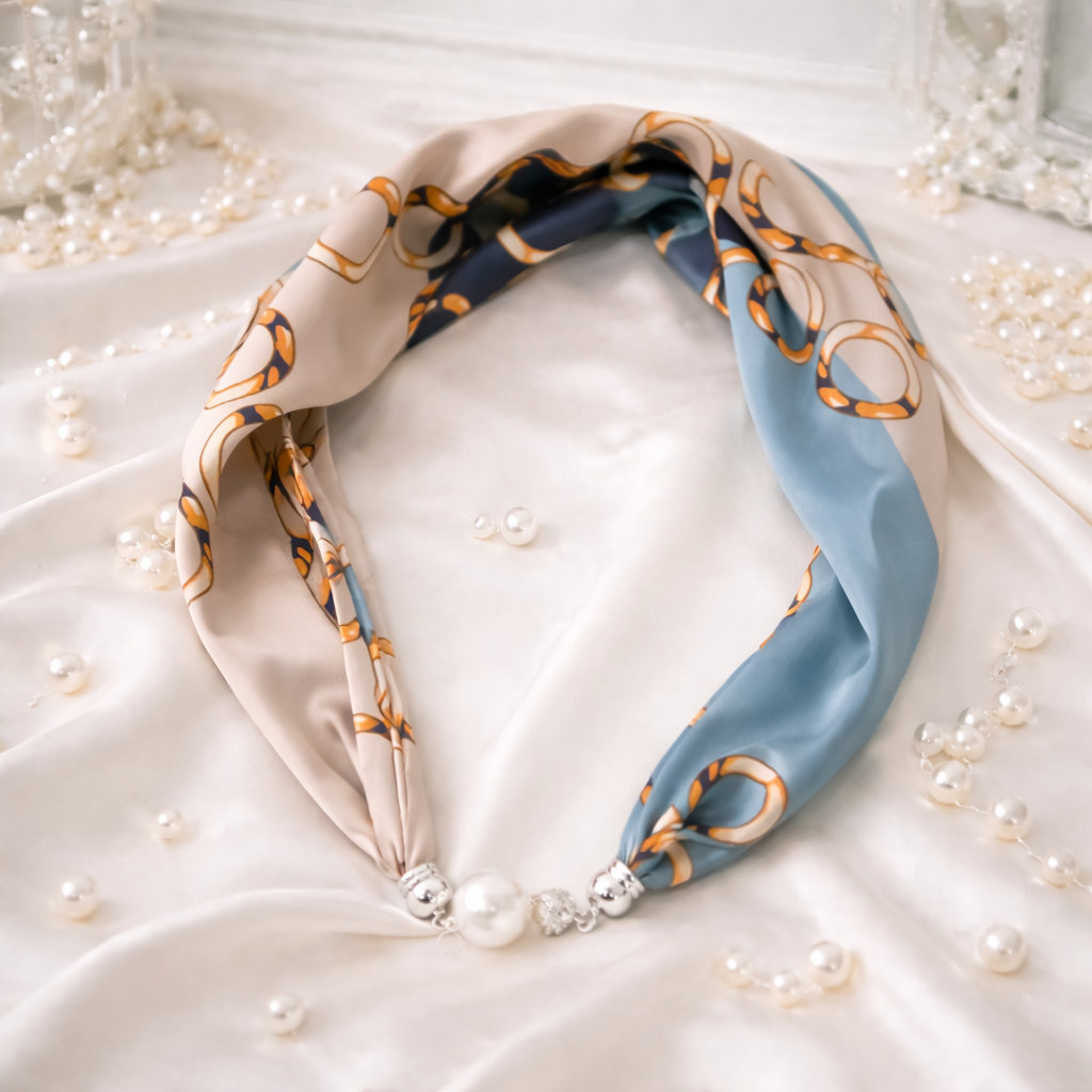 Blue-Beige Scarf with Chain Pattern and Pearl