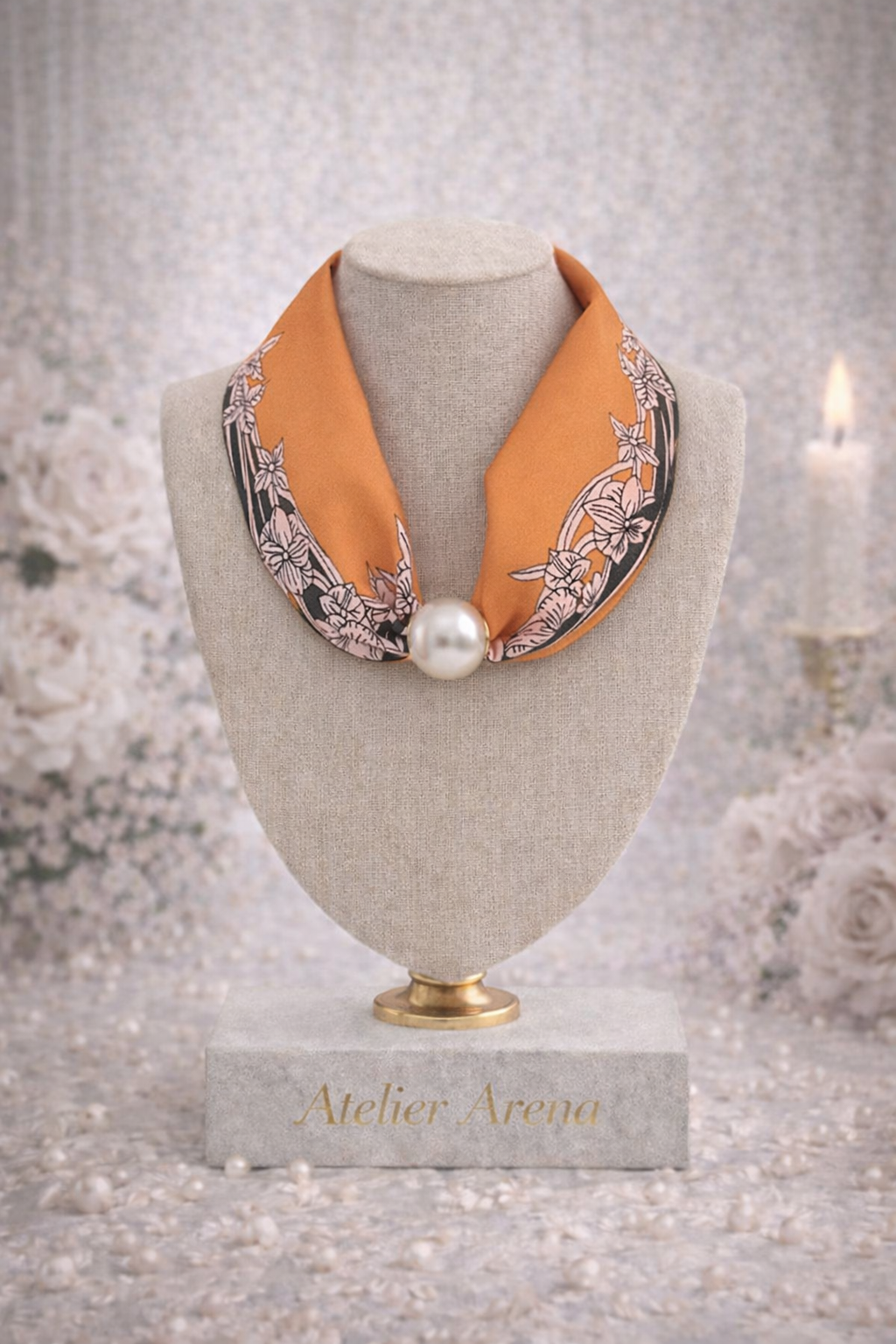 Orange Scarf with Floral Print and Pearl