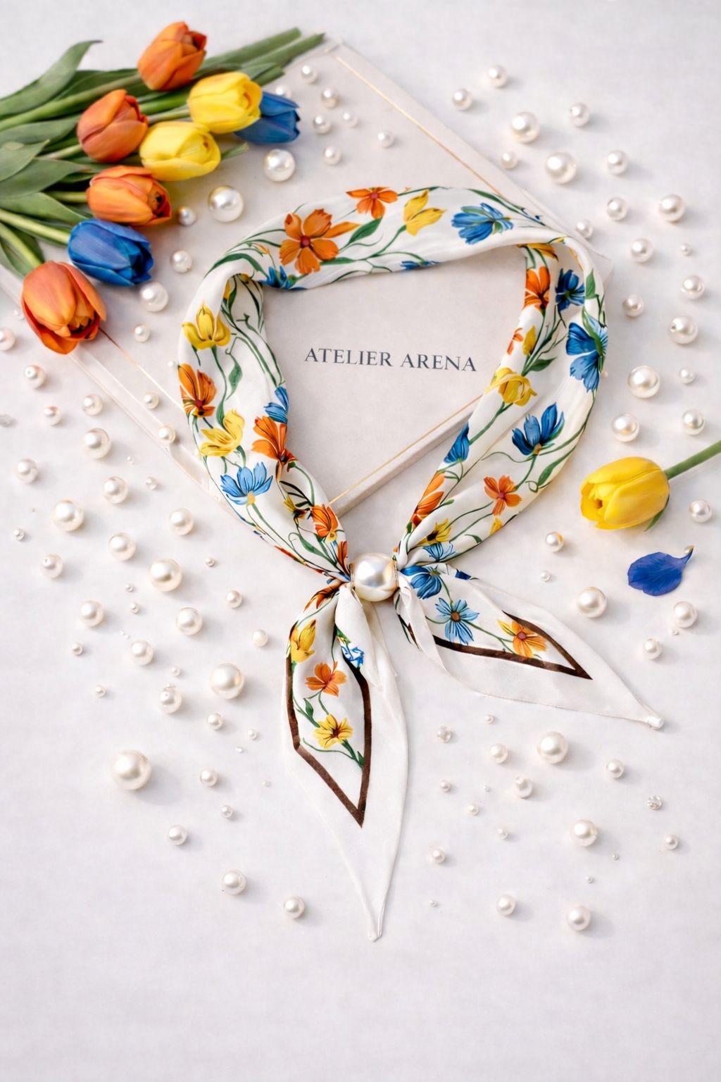 White Scarf with Floral Print and Pearl