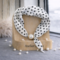 Luxurious Silk Scarf with Pearl - Polka Dot White