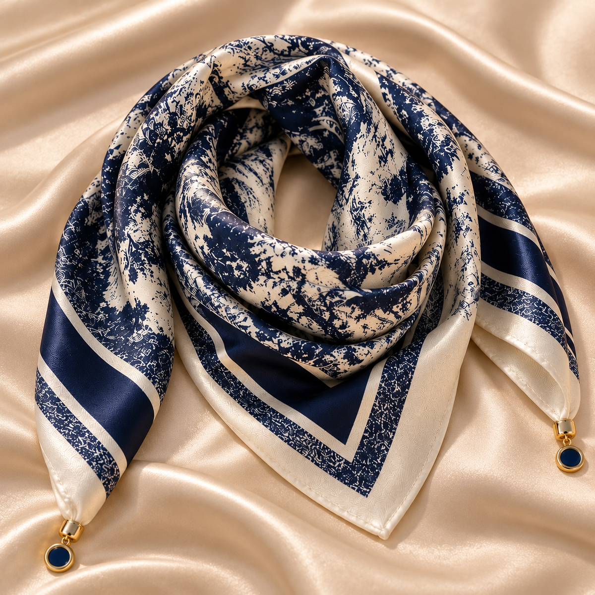 Satin Scarf with Blue Toile de Jouy Design