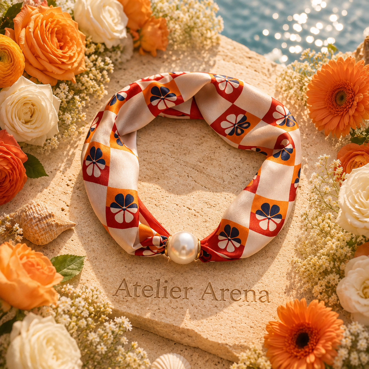 Scarf with Flowers - Orange & Red