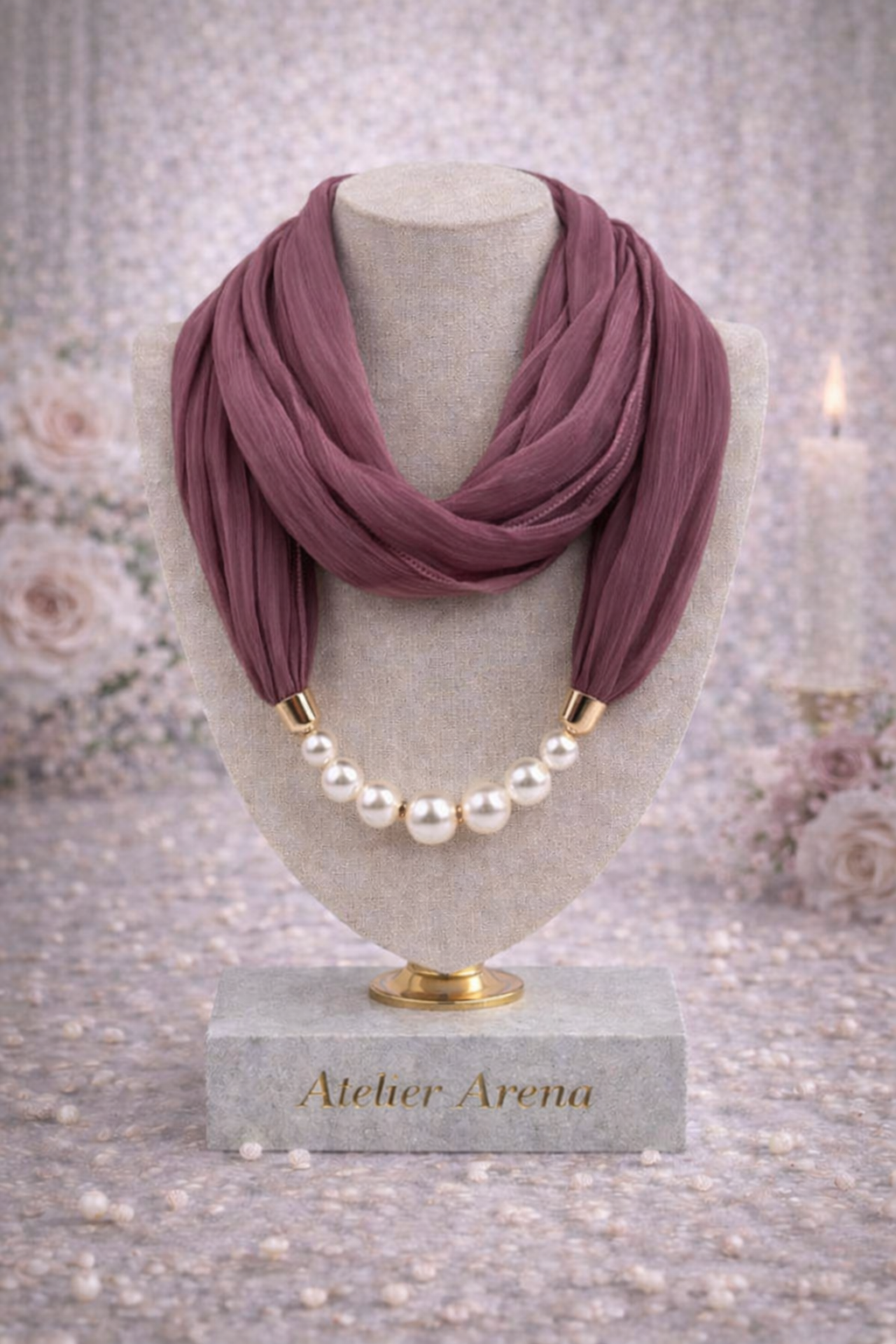 Mauve Scarf Necklace with Pearls