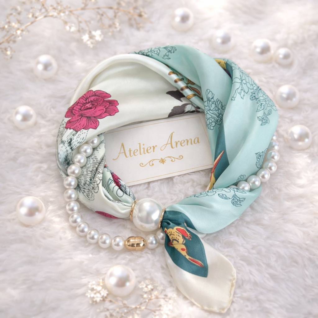 Scarf with Pearl Necklace Bundle - Turquoise and White