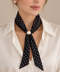Black and white polka dot scarf with pearl buckle