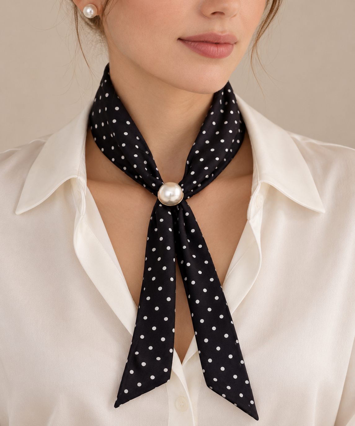 Black and white polka dot scarf with pearl buckle