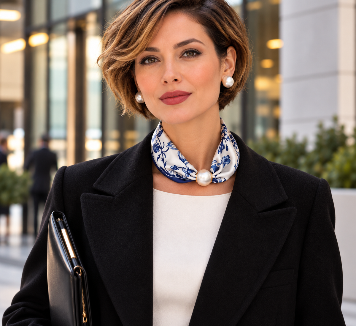 Navy Blue Satin Scarf with Pearl