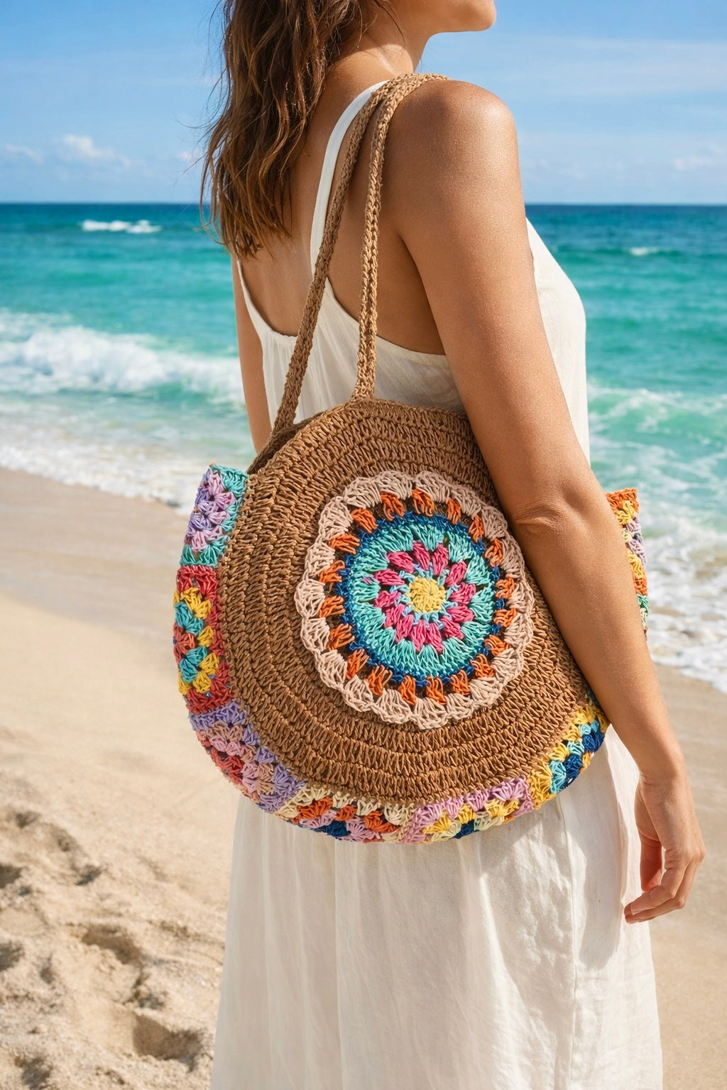 Crocheted Beach Bag with Mandala Pattern