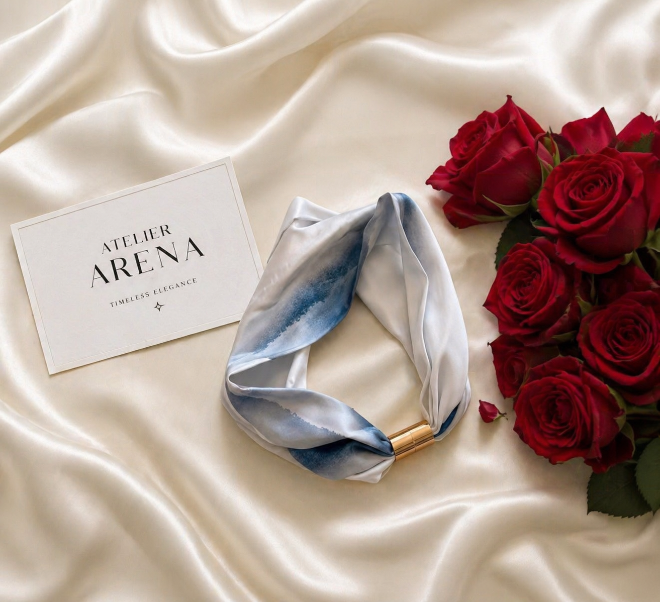 Short Elegant Silk Scarf with Gold Clasp – Blue White Design