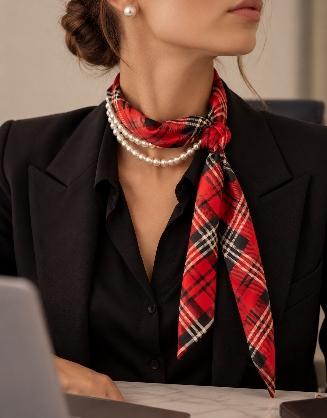 Red Plaid Scarf with Pearl Necklace