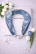 Blue and White Silk Scarf with Tile Pattern and Pearl Necklace