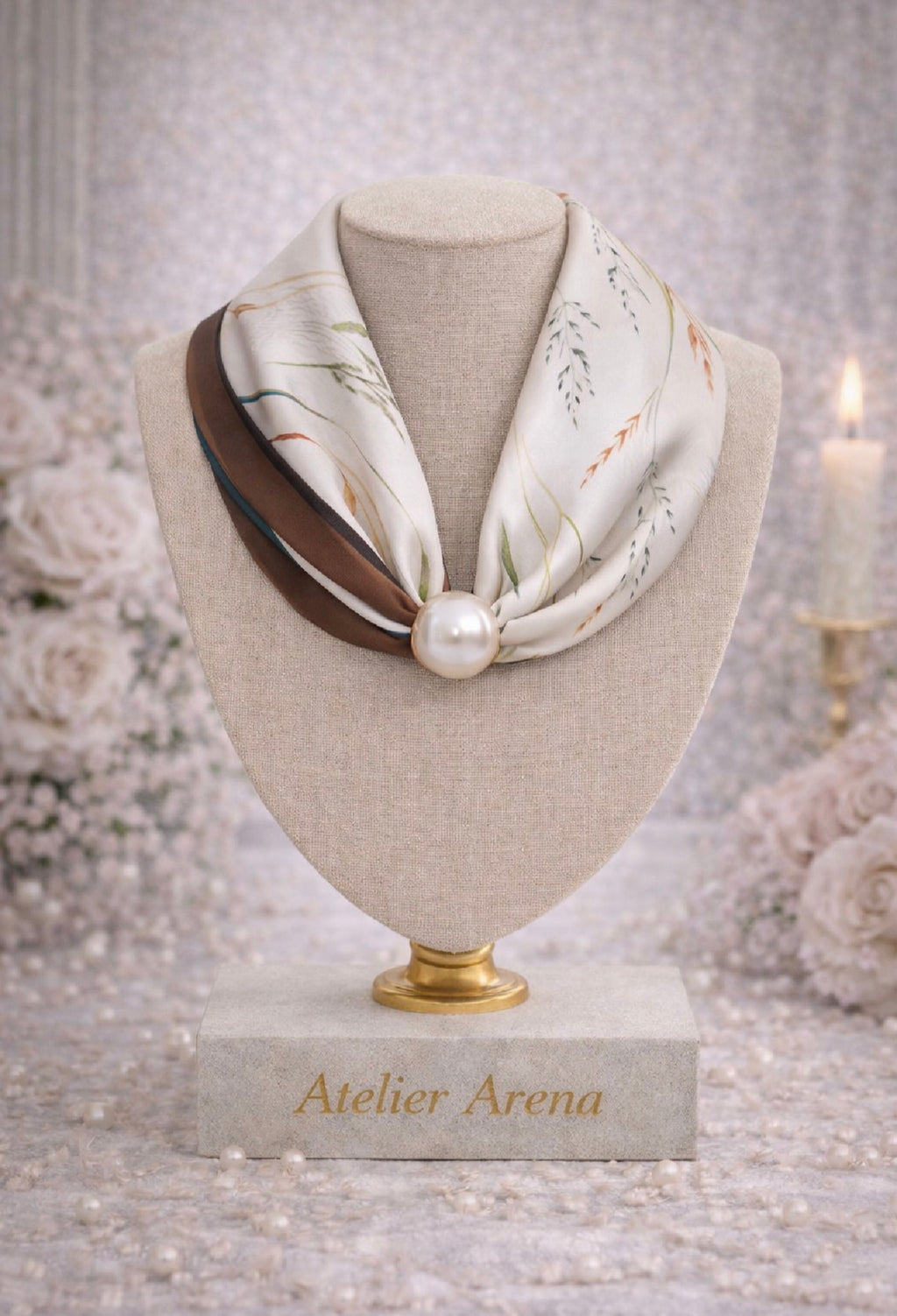 Scarf with Floral Print and Pearl - White & Brown