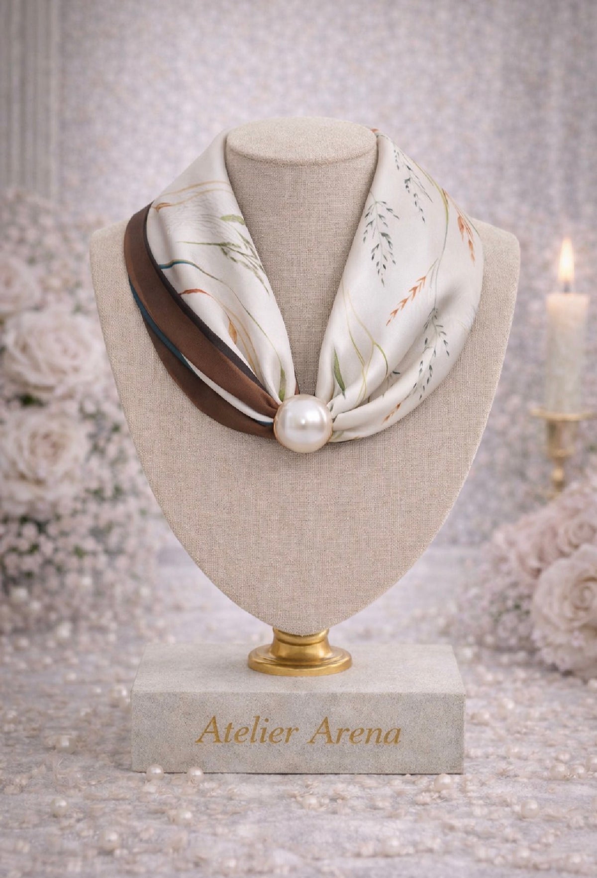Scarf with Floral Print and Pearl - White & Brown