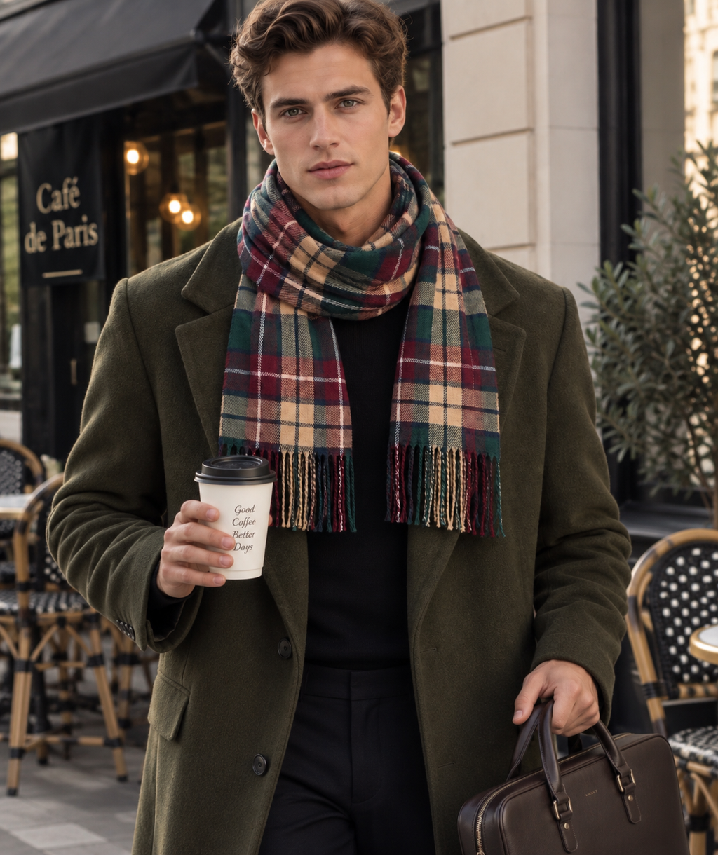 Classic Plaid Scarf Unisex – Green, Burgundy & Beige