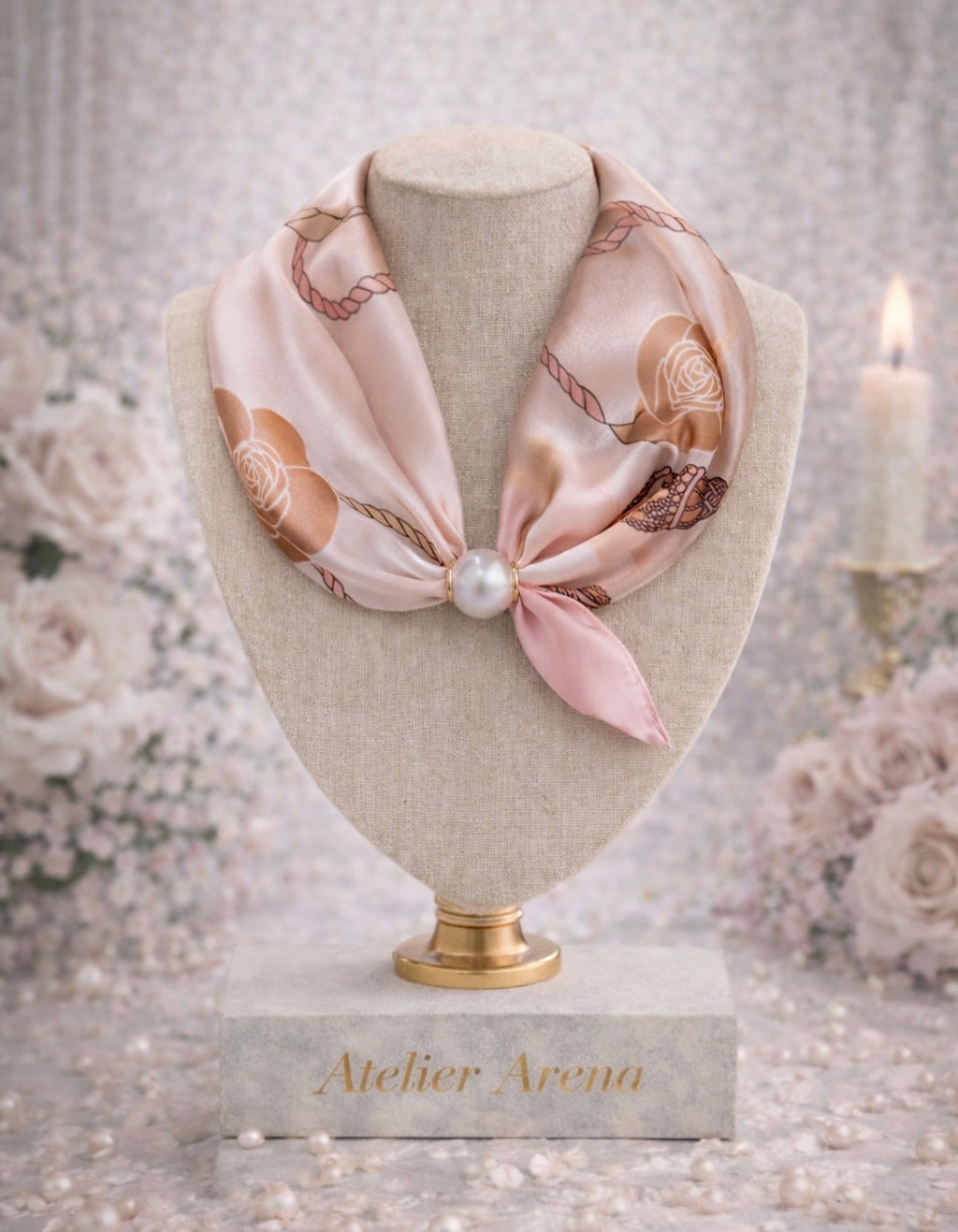Pink Scarf with Rose Motif and Pearl