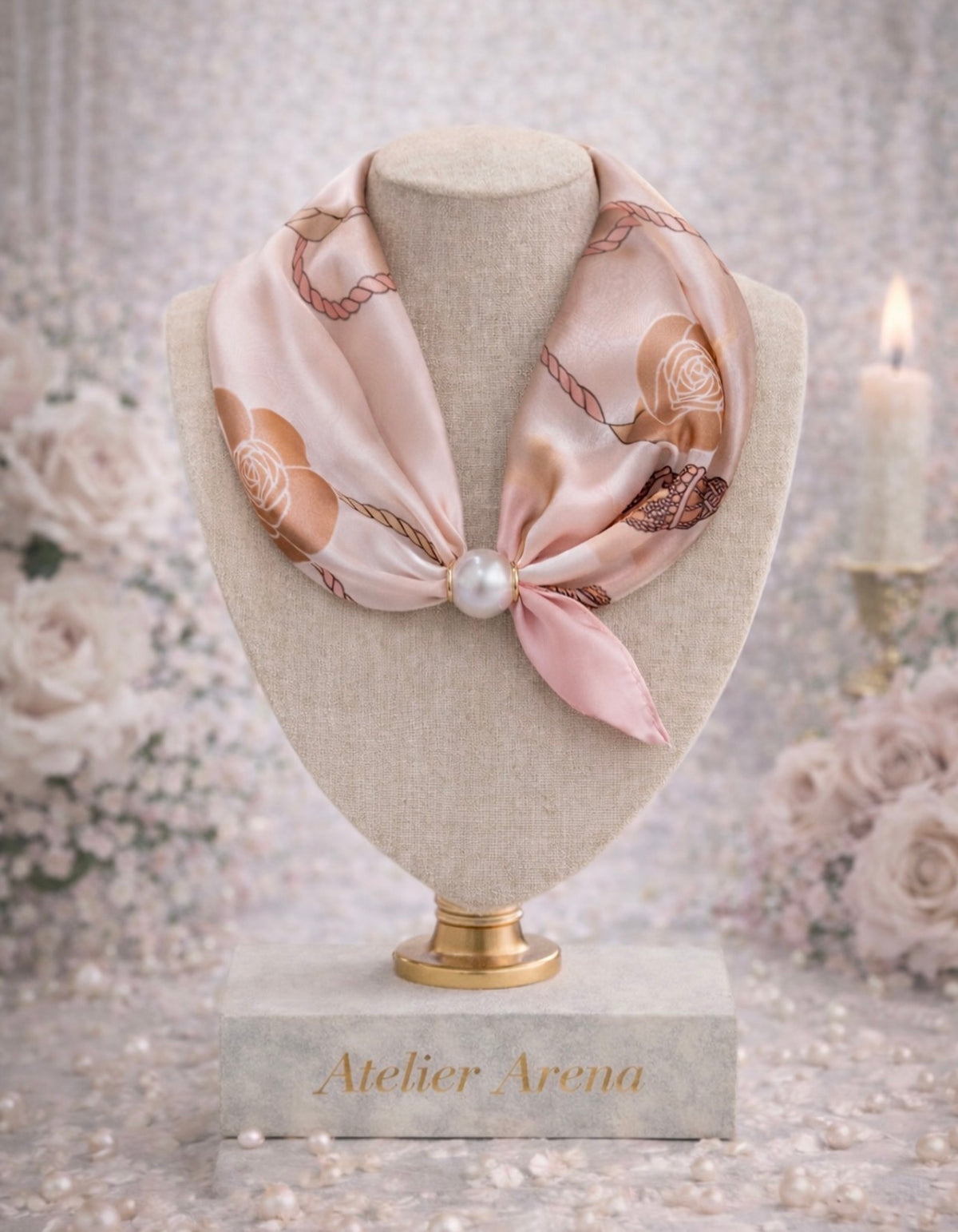 Pink Scarf with Rose Motif and Pearl