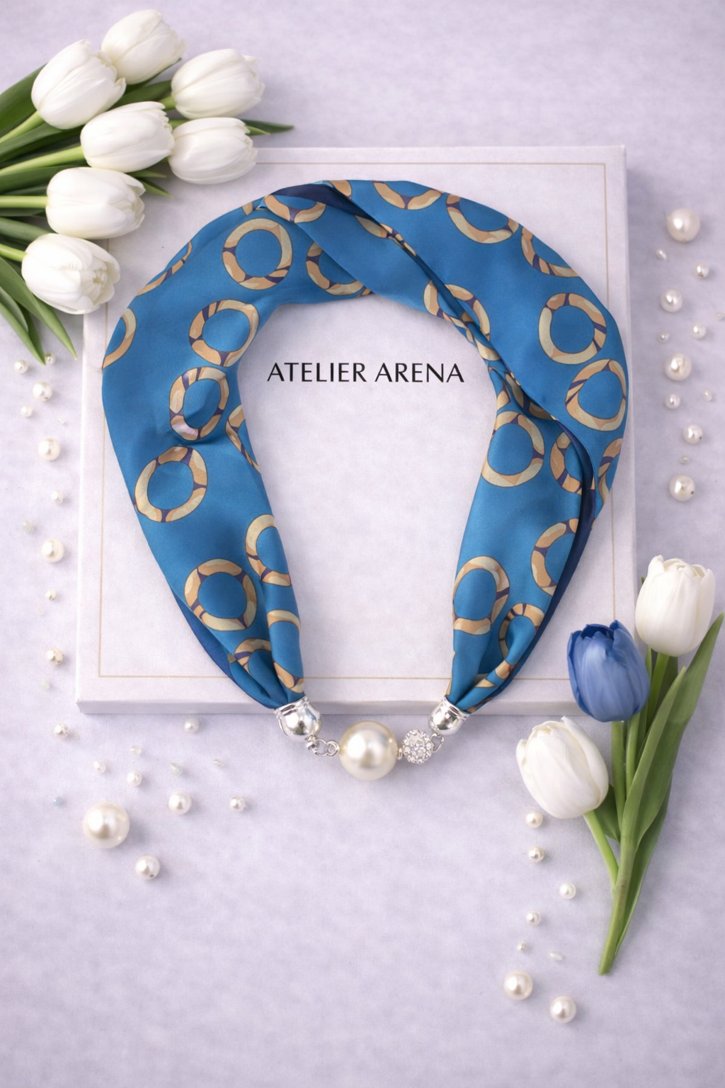 Blue-Gold Silk Scarf with Chain Print and Pearl