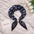 Dark Brown Floral Print Scarf with Light Blue Detail and Pearl Accent