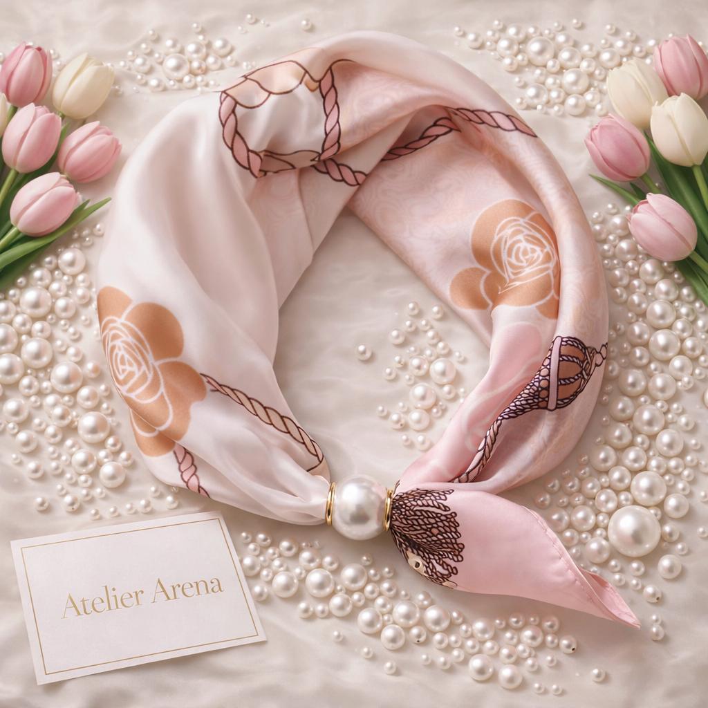 Pink Scarf with Rose Motif and Pearl