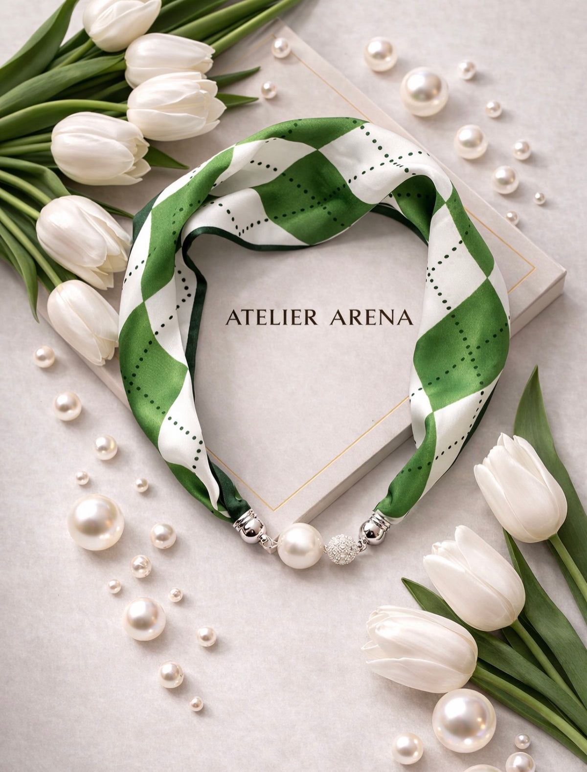 Green-White Scarf with Wave Pattern and Pearl Necklace