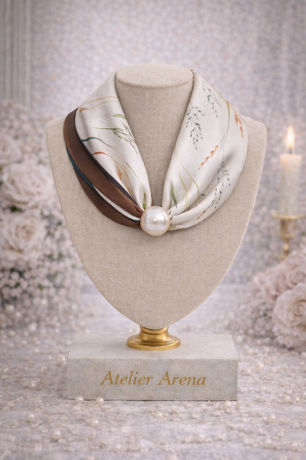 Scarf with Floral Print and Pearl - White & Brown