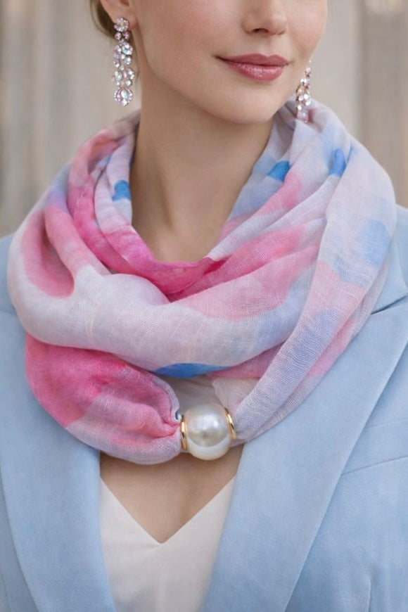 Silk Scarf with Pearl - Pink Blue Watercolor