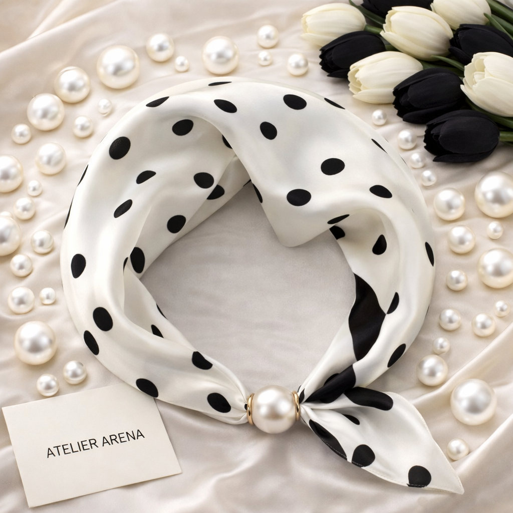 White Scarf with Black Dots and Pearl