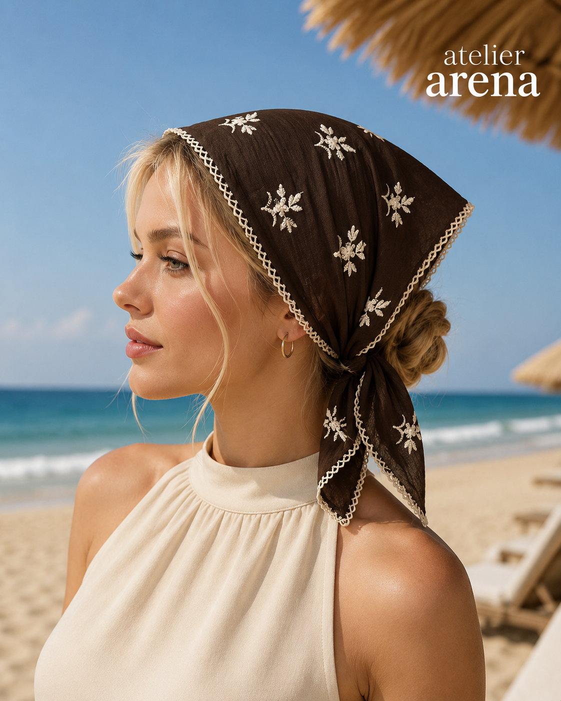 Donkerbruine Driehoekige Katoenen Bandana met Geborduurde Bloemen