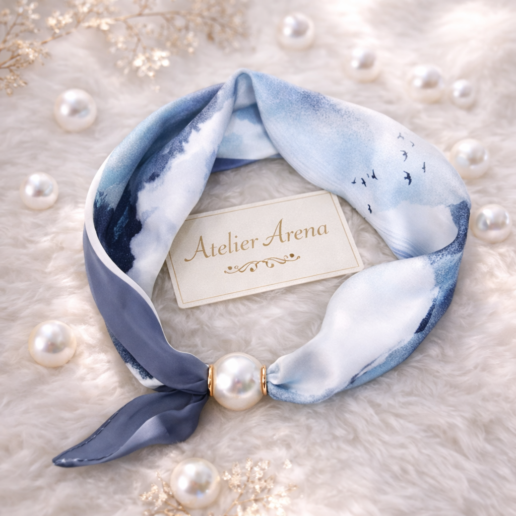 Blue Scarf with Birds and Pearl