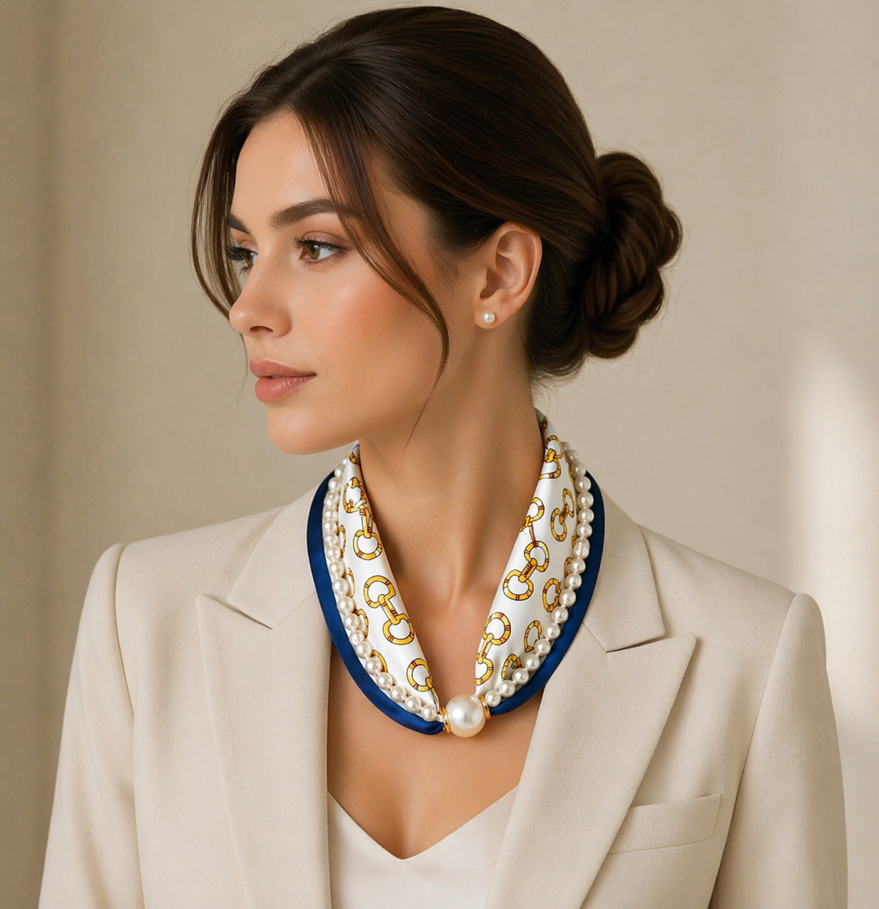 Luxury Pearl Scarf & Necklace Bundle – White & Blue