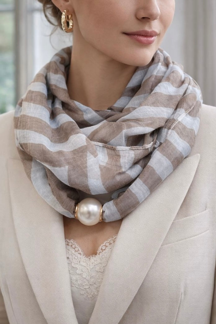 Luxury Striped Scarf with Pearl - Taupe