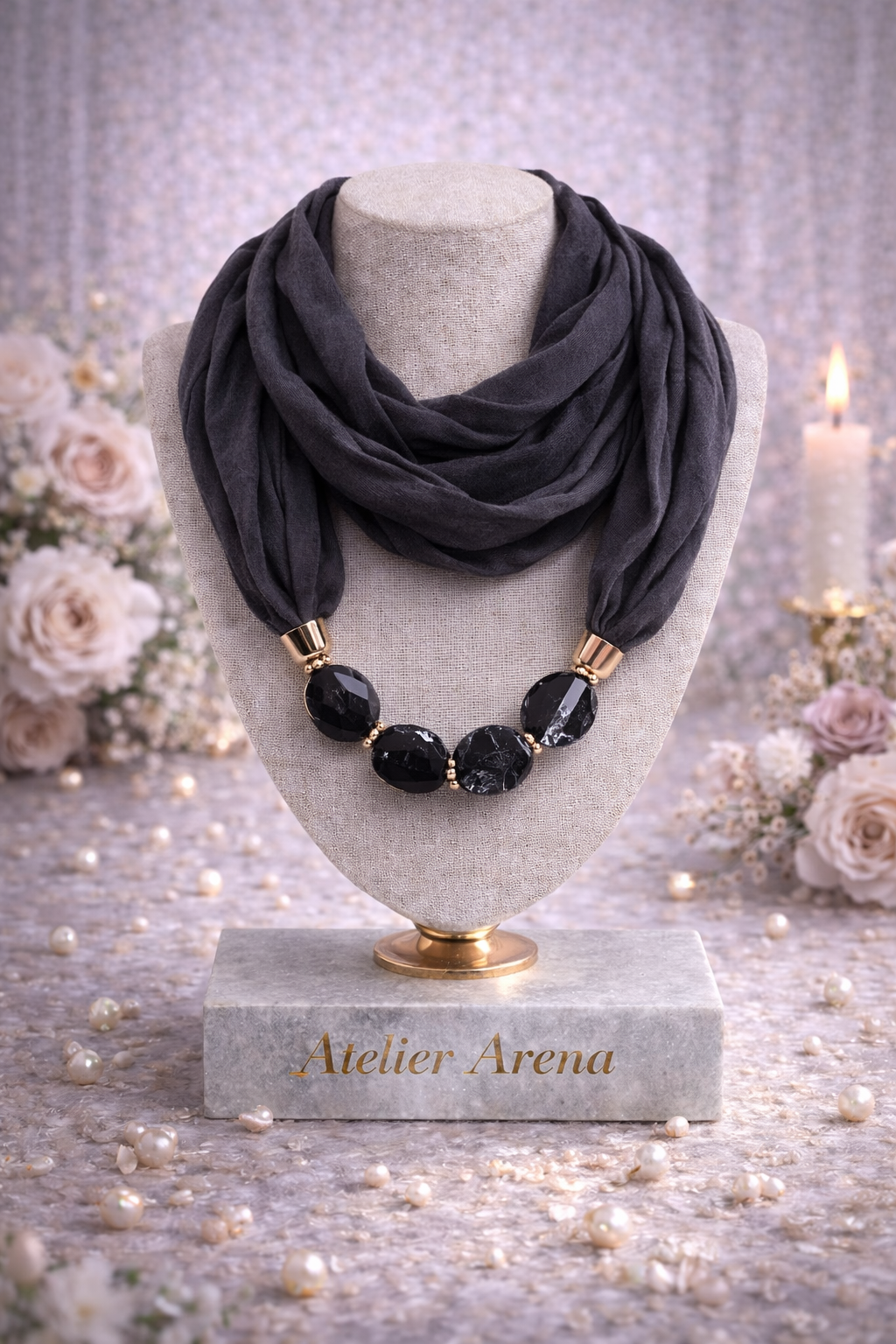 Black Scarf Necklace with Black Stones