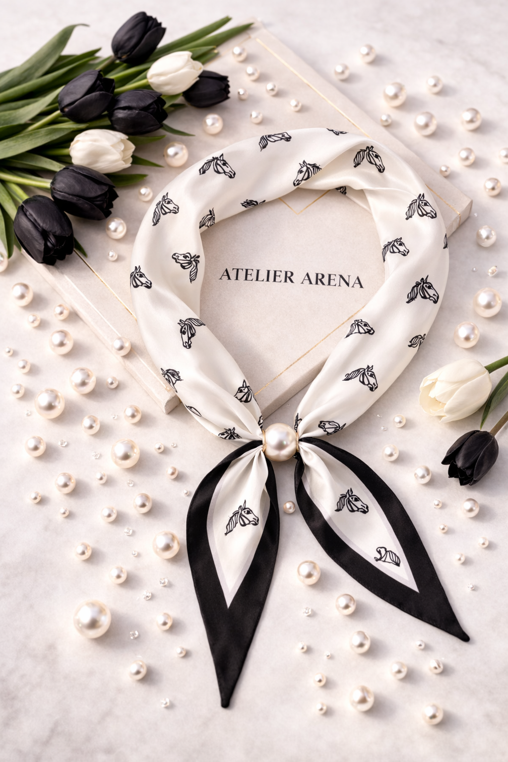 White Scarf with Horse Motif and Pearl
