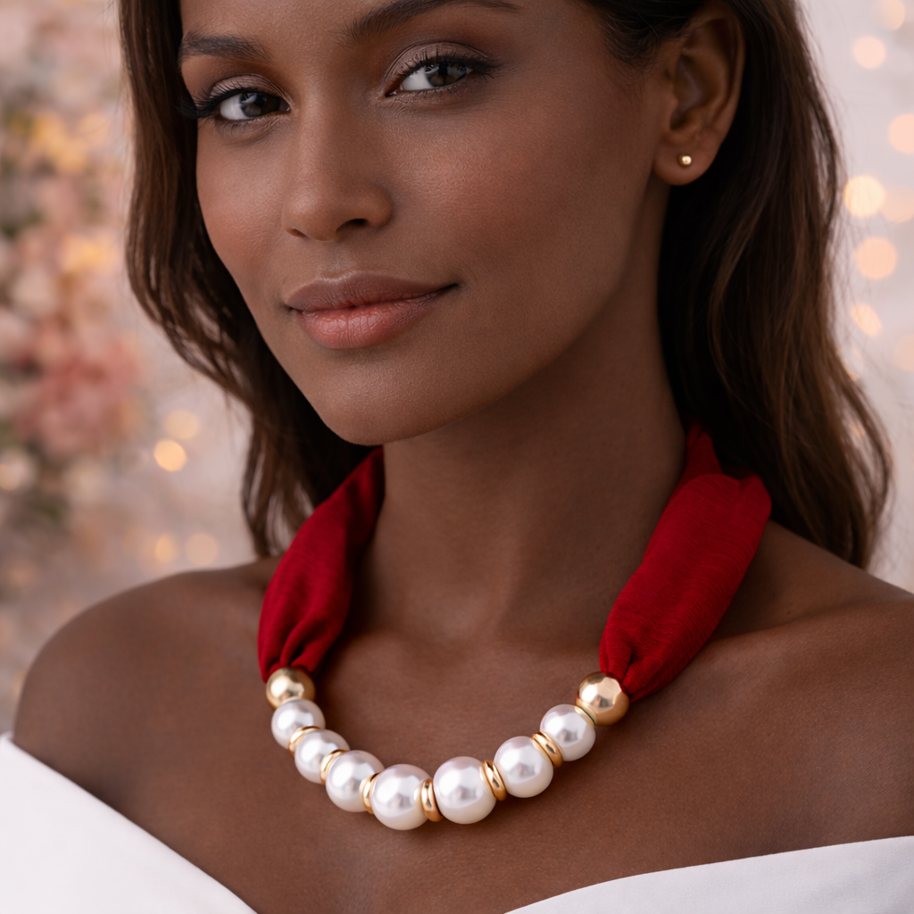 Pearl Necklace with Red Silk Band