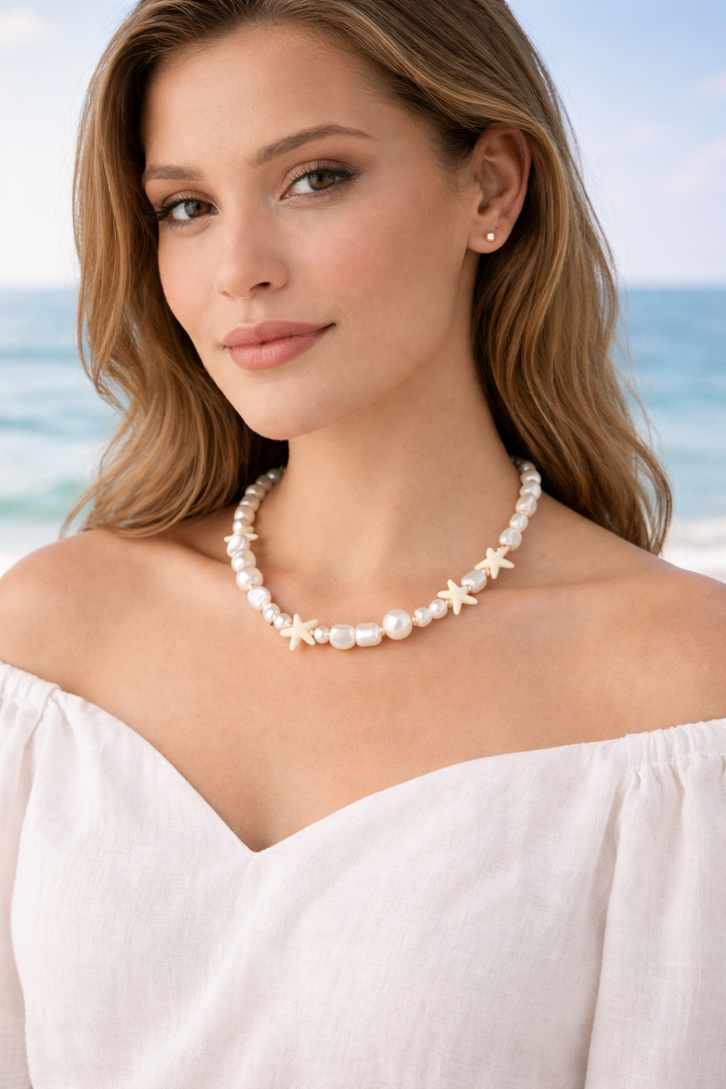 Pearl Necklace with Starfish Charms