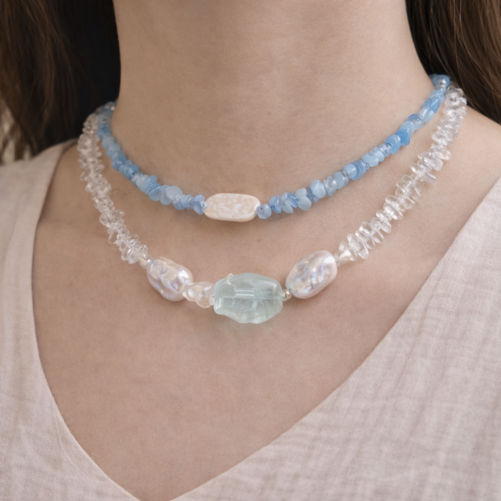 Freshwater Pearl and Aquamarine Bohemian Necklace Set